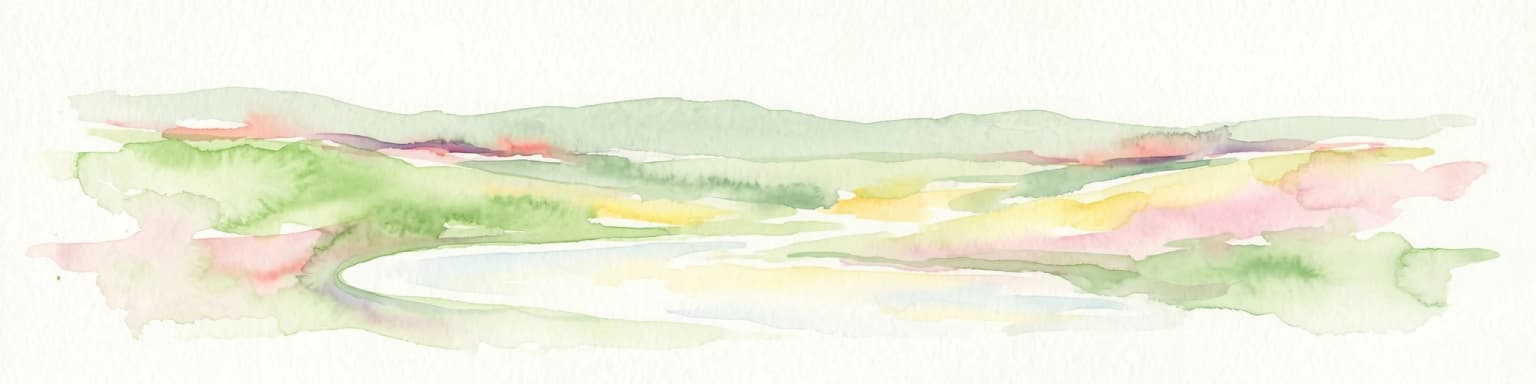 Pintura de acuarela con áreas verdes, rosas, amarillas y blancas que representan terreno y agua