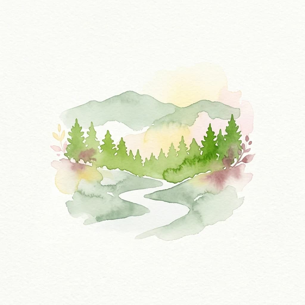 Watercolor illustration of mountains, forest, river, and flowers