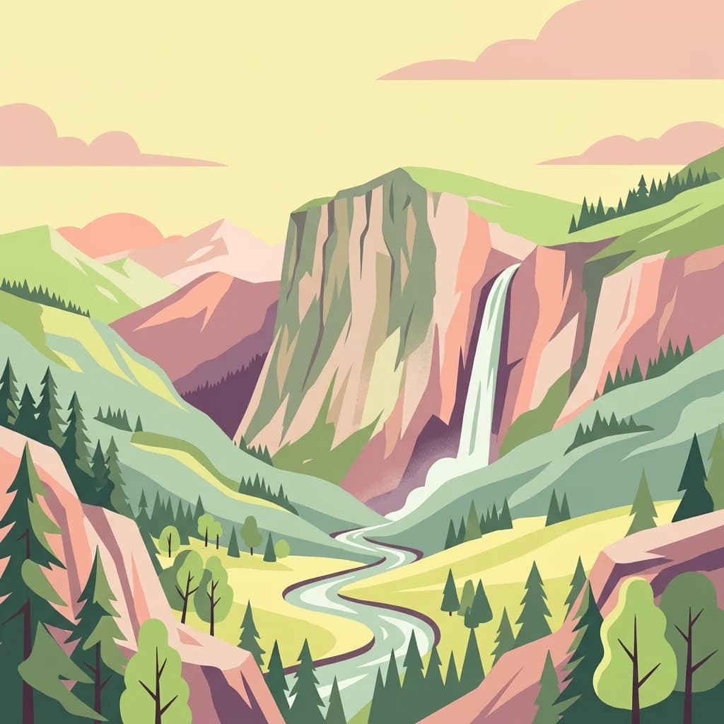 Stylized illustration of a mountain landscape featuring a waterfall, river, forests, and distant mountains