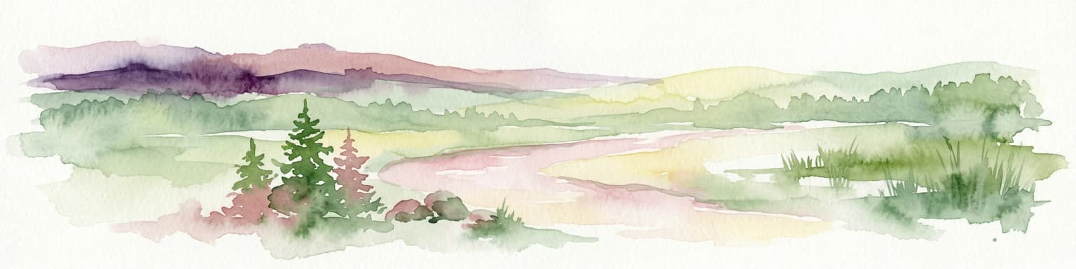 Watercolor illustration of a landscape with mountains, trees, a river, and fields