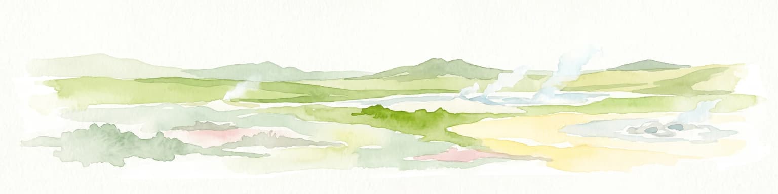 Una pintura en acuarela que muestra una vista amplia de una zona geotérmica con colinas verdes, columnas de vapor que se elevan de manantiales termales y parches de terreno de tonos amarillos.