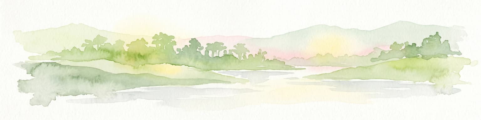 A watercolor painting showing a soft, atmospheric landscape with a winding river, green banks, trees, and distant low hills against a white background.