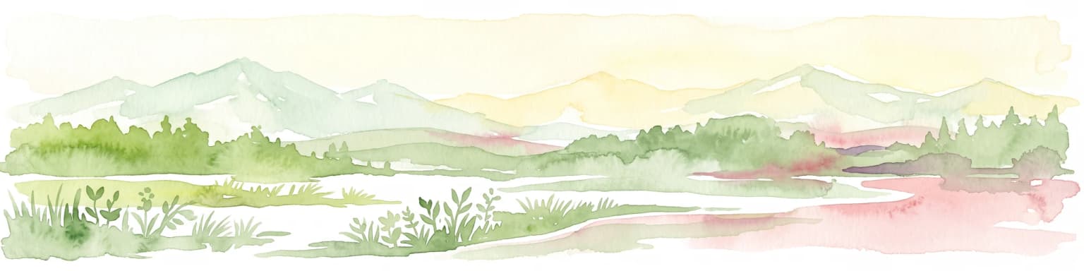 Una ilustración horizontal en acuarela de una escena de humedal con vegetación de marisma verde suave en primer plano, colinas verdes onduladas en el plano medio y montañas tenues en el fondo amarillo suave.