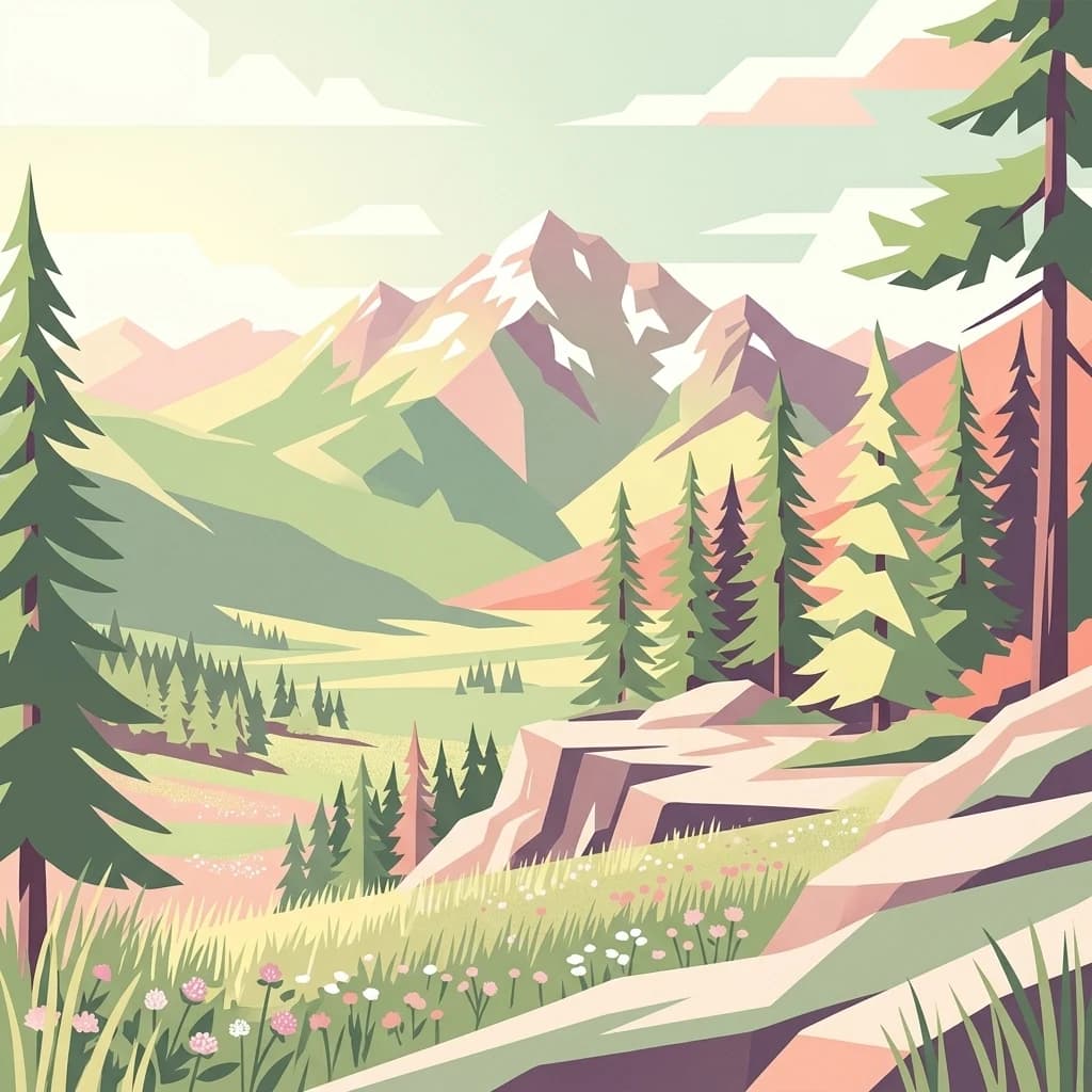 Illustration showing a mountainous landscape with pine trees, grassy meadows, and snow-capped peaks
