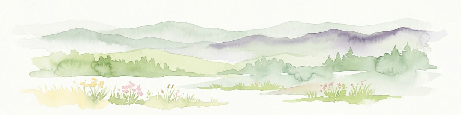 Watercolor painting of rolling hills, forests, and wildflowers in a landscape