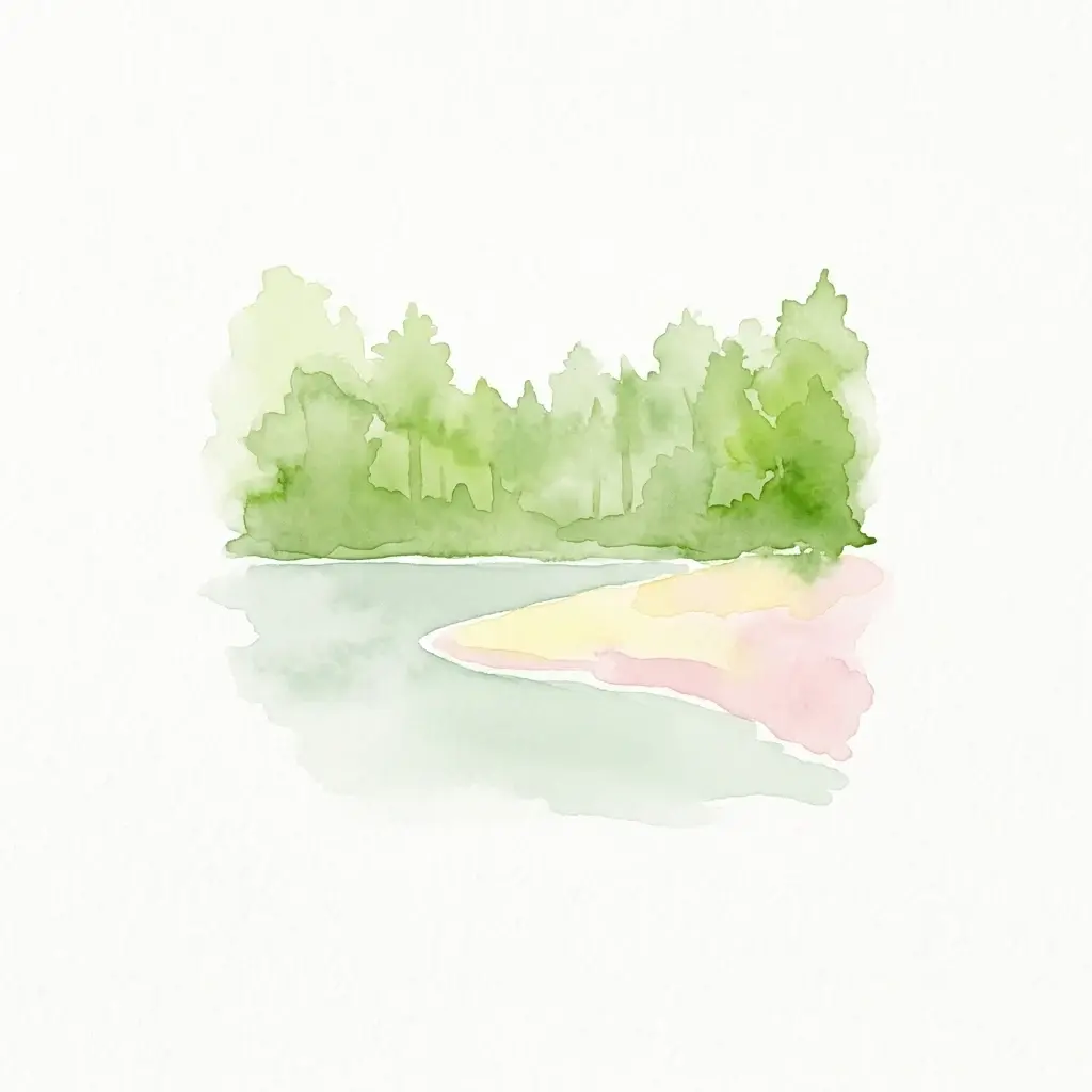 Watercolor painting showing green trees, a body of water, and a sandy shore