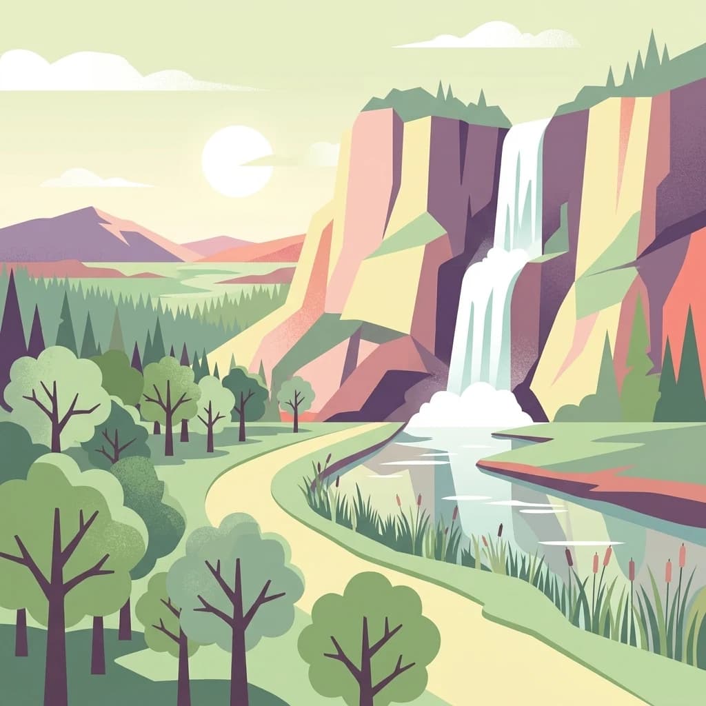 Stylized illustration of a waterfall cascading into a river, surrounded by trees and hills with a sun in the sky
