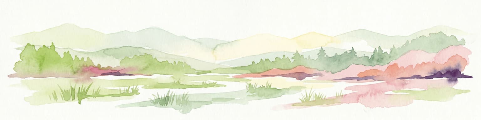 Watercolor depiction of a landscape with marshes, water bodies, and distant mountains