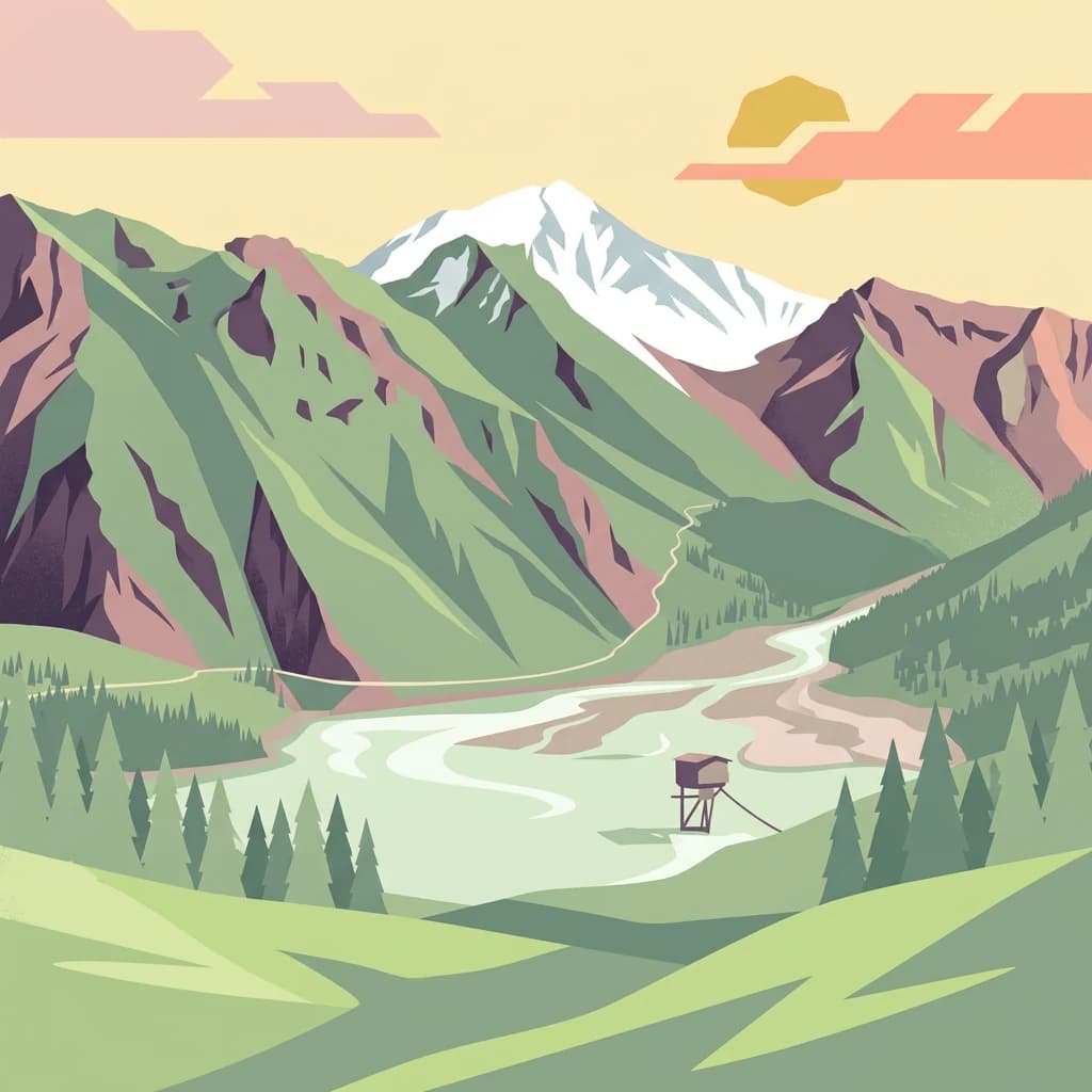 Illustration of green mountains, winding river, forested area, and small tower structure under yellow sky with clouds