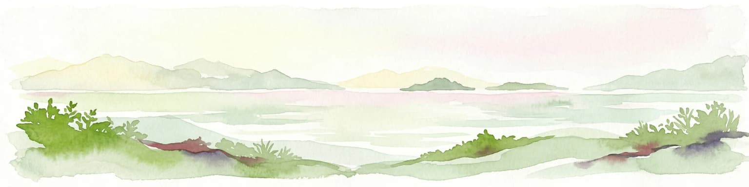 A watercolor depiction of a river with islands and green vegetation.
