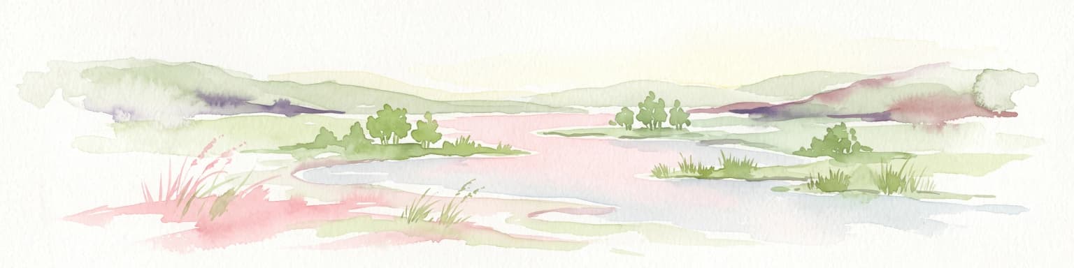 A soft, painterly watercolor illustration showing a shallow waterway, green grassy islands, and soft rolling hills in the distance.