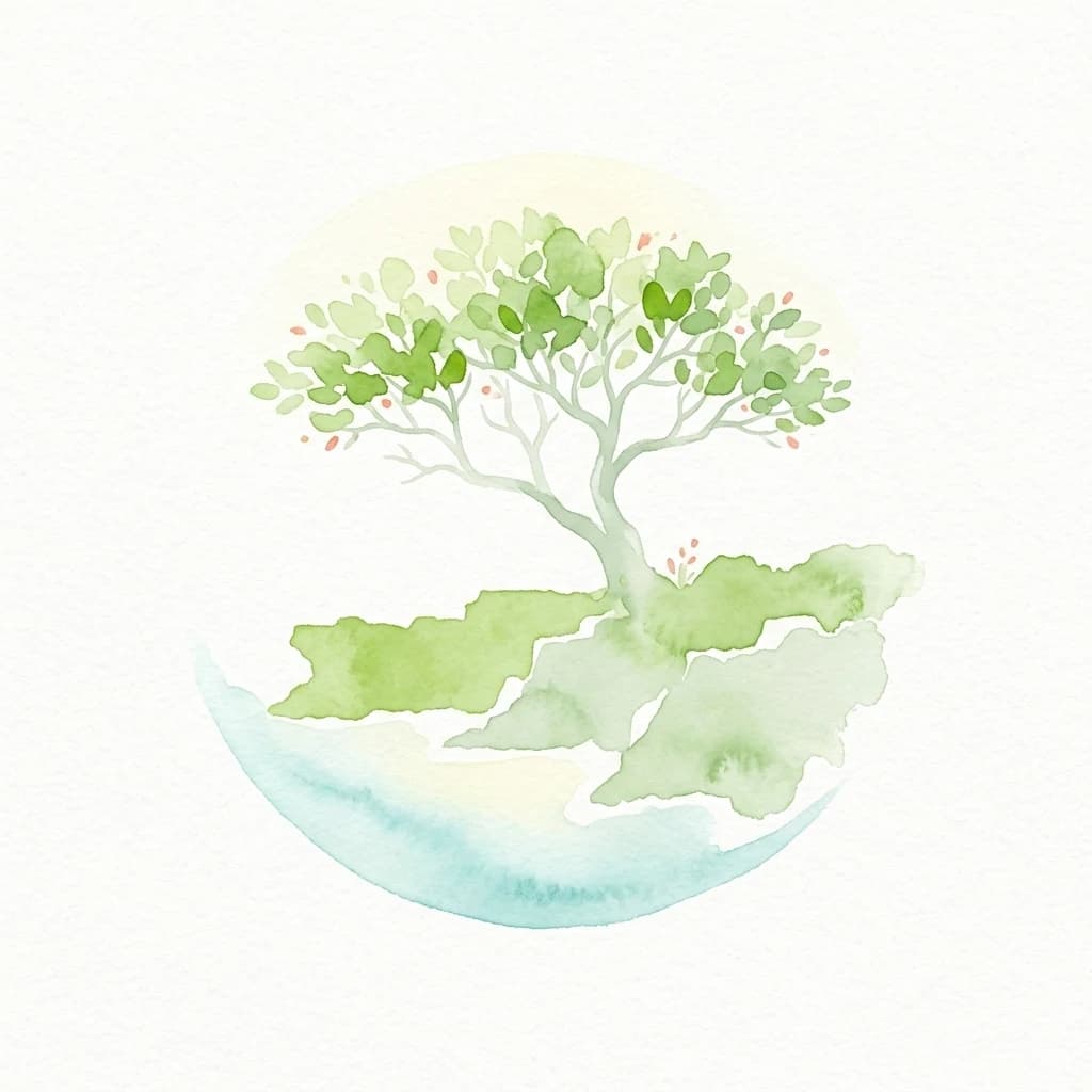 Pintura de acuarela de un árbol con hojas verdes y flores rosas sobre un fondo estilizado de masa terrestre y agua azul