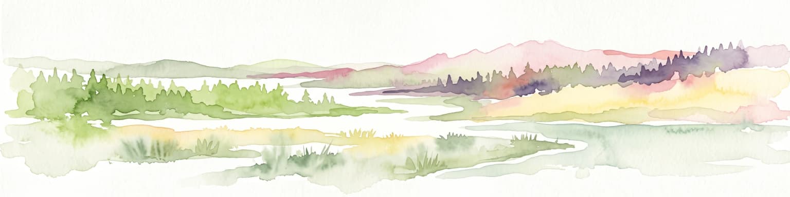 Una pintura en acuarela que muestra un paisaje suave y estilizado de un valle boscoso y verde con colinas onduladas a lo lejos.