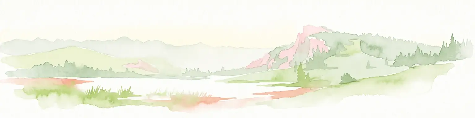 A watercolor painting of a mountain landscape featuring a small lake, grassy slopes, and conifer trees with a prominent rocky peak in the distance.