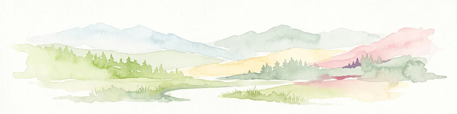 Pintura en acuarela de un paisaje montañoso con árboles en el plano medio y un sencillo río o fondo de valle en el primer plano, ejecutada con una paleta suave y de tonos claros.