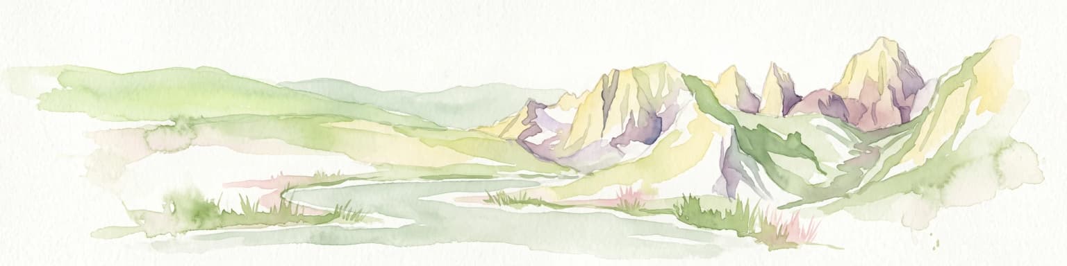 A horizontal watercolor painting depicting a mountain range in the background with rolling hills and a winding river or stream in the foreground.