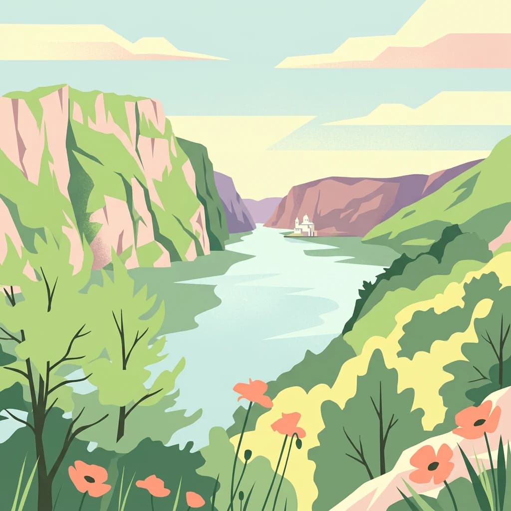 Illustrated view of a river flowing through a gorge between steep rock formations with green vegetation and pink flowers in the foreground