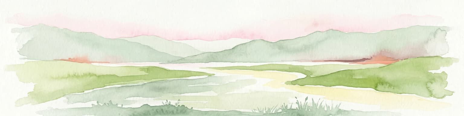 Watercolor illustration of a river flowing through a valley with mountains in the background