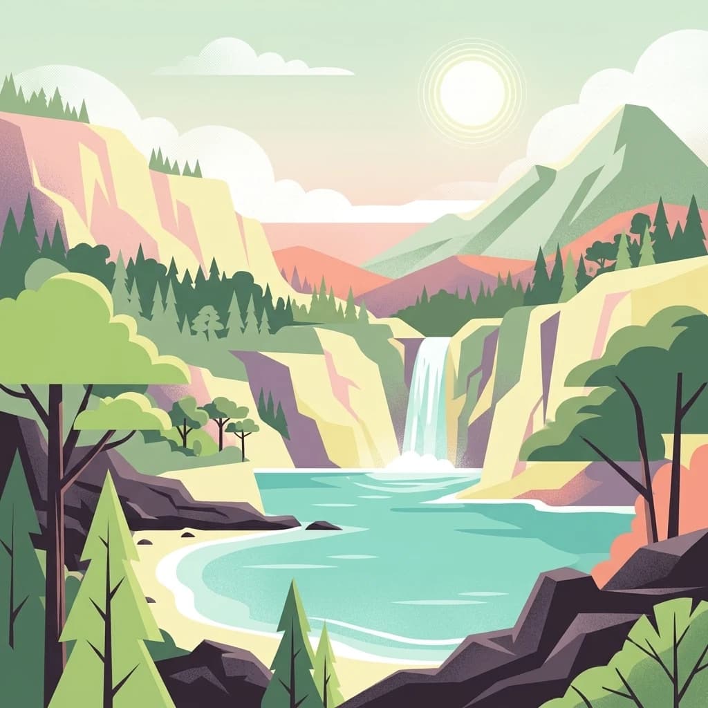 Una ilustración digital de estilo plano que representa una bahía turquesa con una orilla arenosa, bordeada por acantilados rocosos, bosques de pinos y una cascada que cae desde una cadena montañosa lejana bajo un sol pálido.