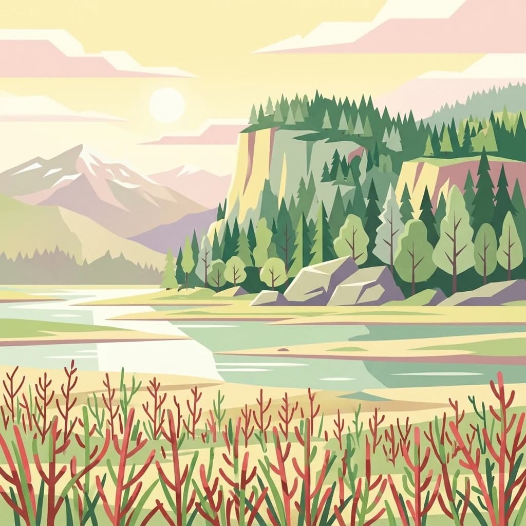 Illustration of a landscape featuring mountains, forests, a river, and vegetation in the foreground.
