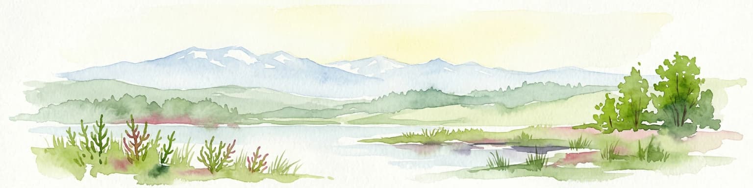 Watercolor painting showing a river, green vegetation, trees, and distant snow-capped mountains under a light sky
