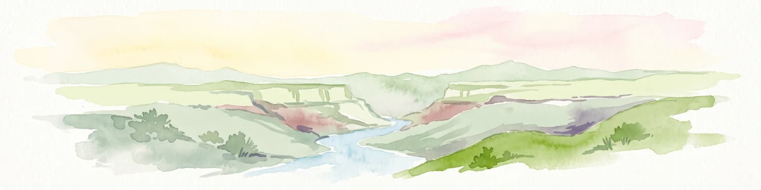 A watercolor painting showing a panoramic view of rolling hills and a winding valley in light, muted greens and earth tones.
