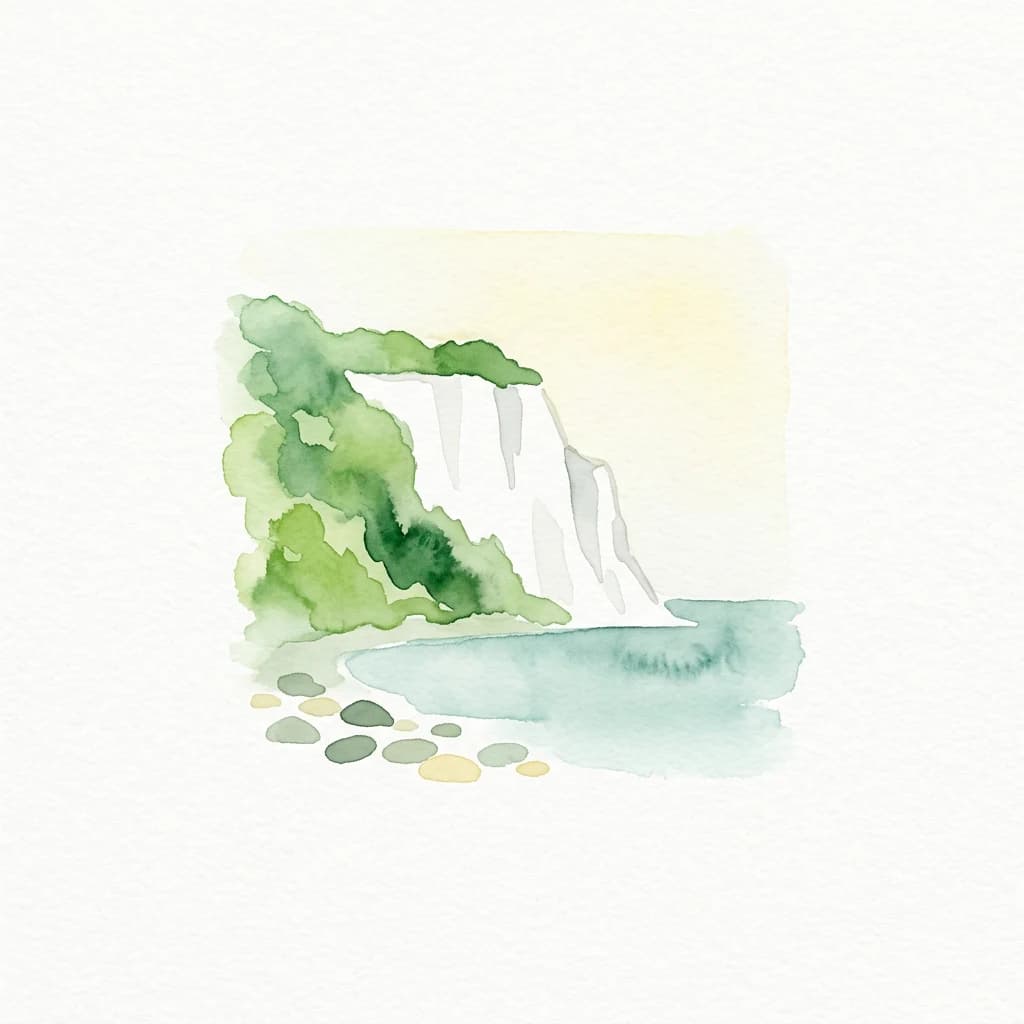 Watercolor painting showing white chalk cliffs with green trees on the left, blue water below, and stones along the shore