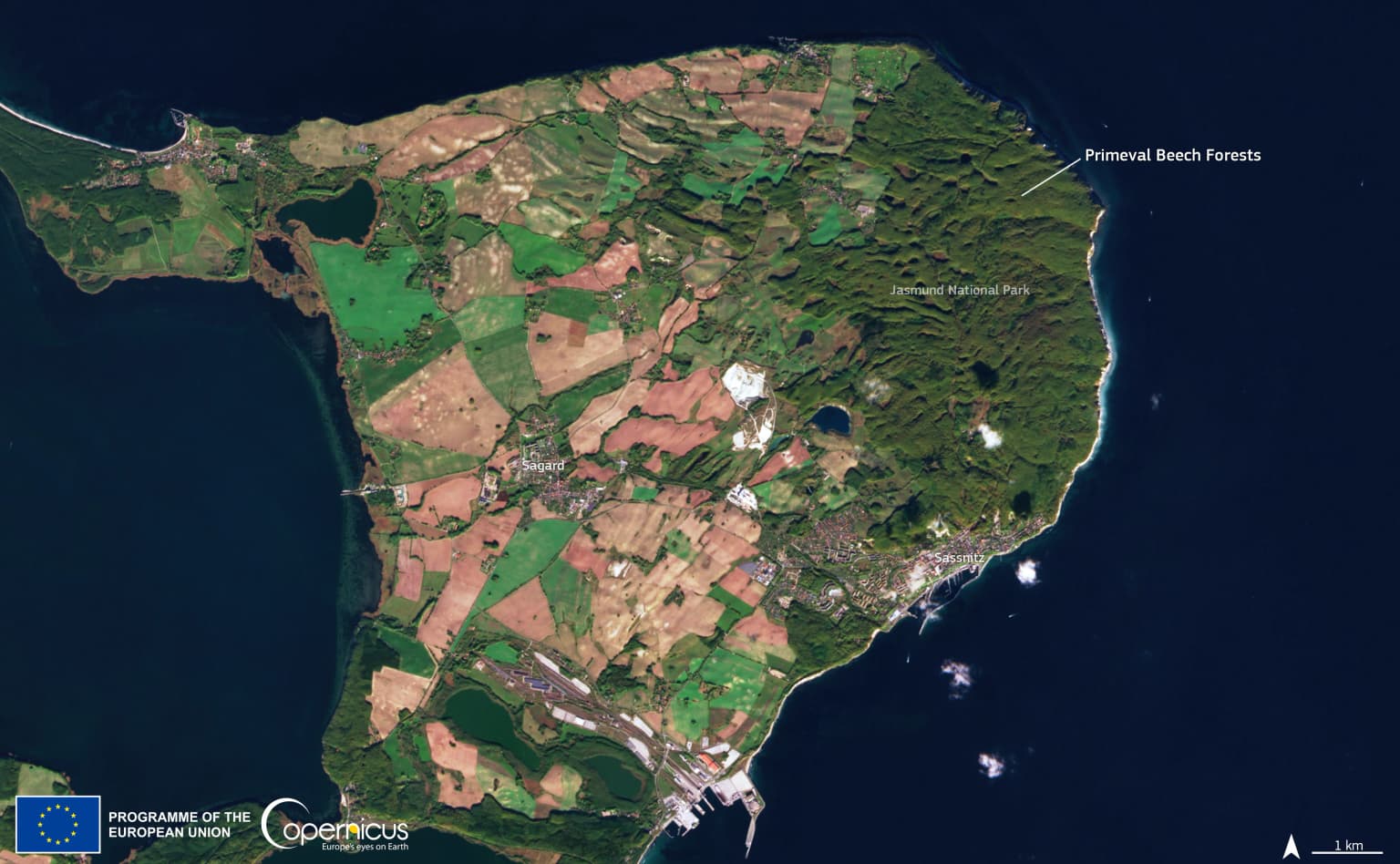 Satellite image of Jasmund National Park showing coastal peninsula with forested areas, agricultural fields, and water bodies