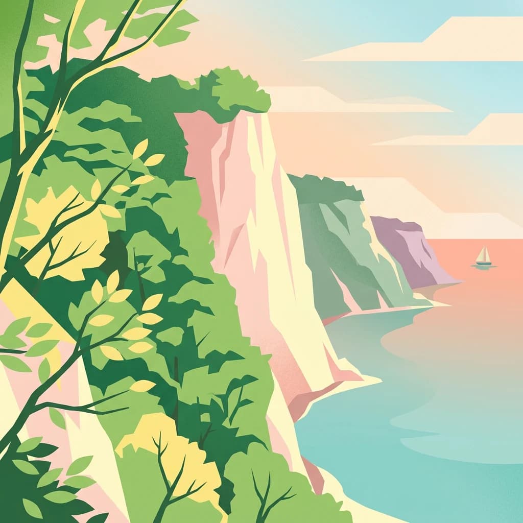 Illustration of coastal cliffs with vegetation and ocean view