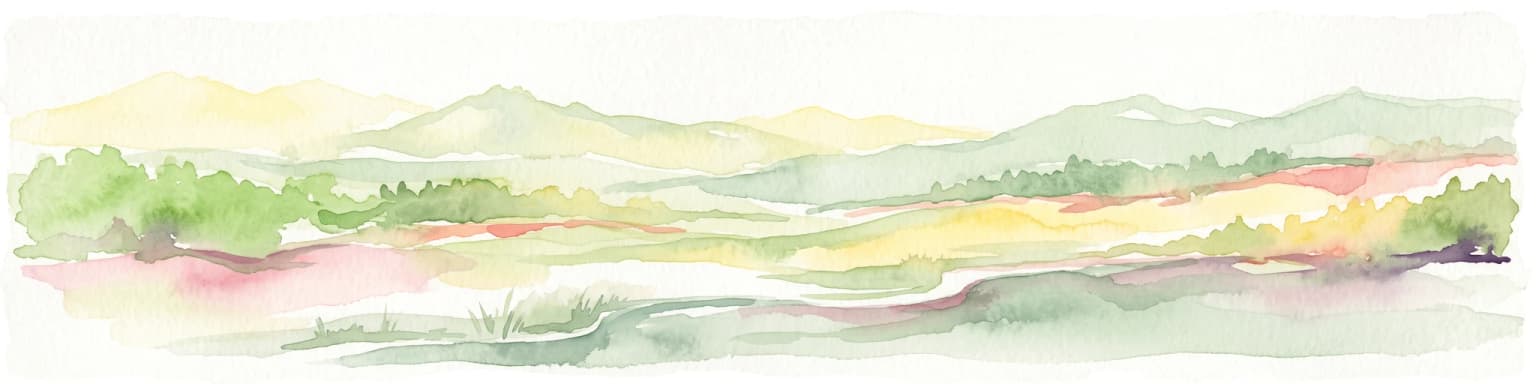 Una suave ilustración en acuarela de estilo pictórico que muestra colinas en capas y vegetación en tonos verdes claros, amarillos y rojizos a lo largo de un paisaje ondulado y abstracto.