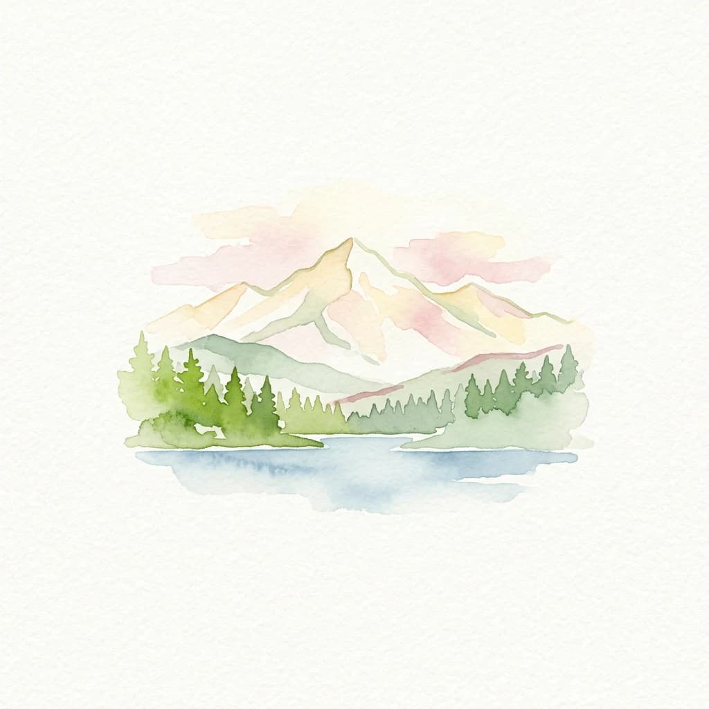 Watercolor painting of a snow-capped mountain, lake, and forested area