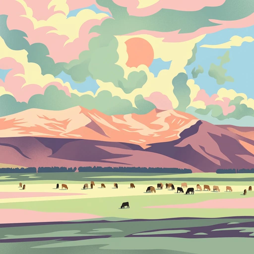 An illustration showing a grassy plain with cows grazing, mountains in the background, and a colorful sky with clouds