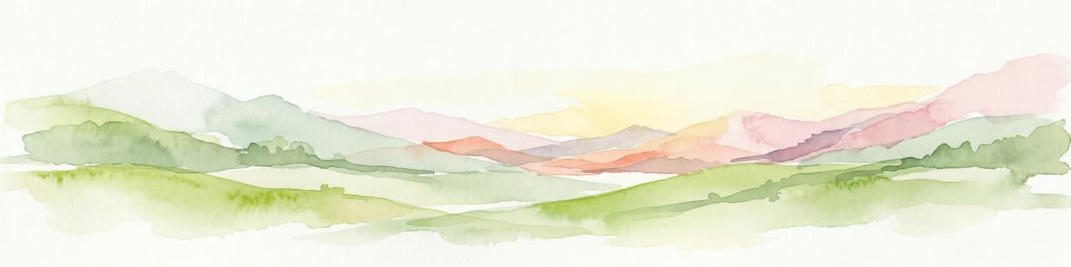 Watercolor painting of green and pink mountain ranges under a light sky background