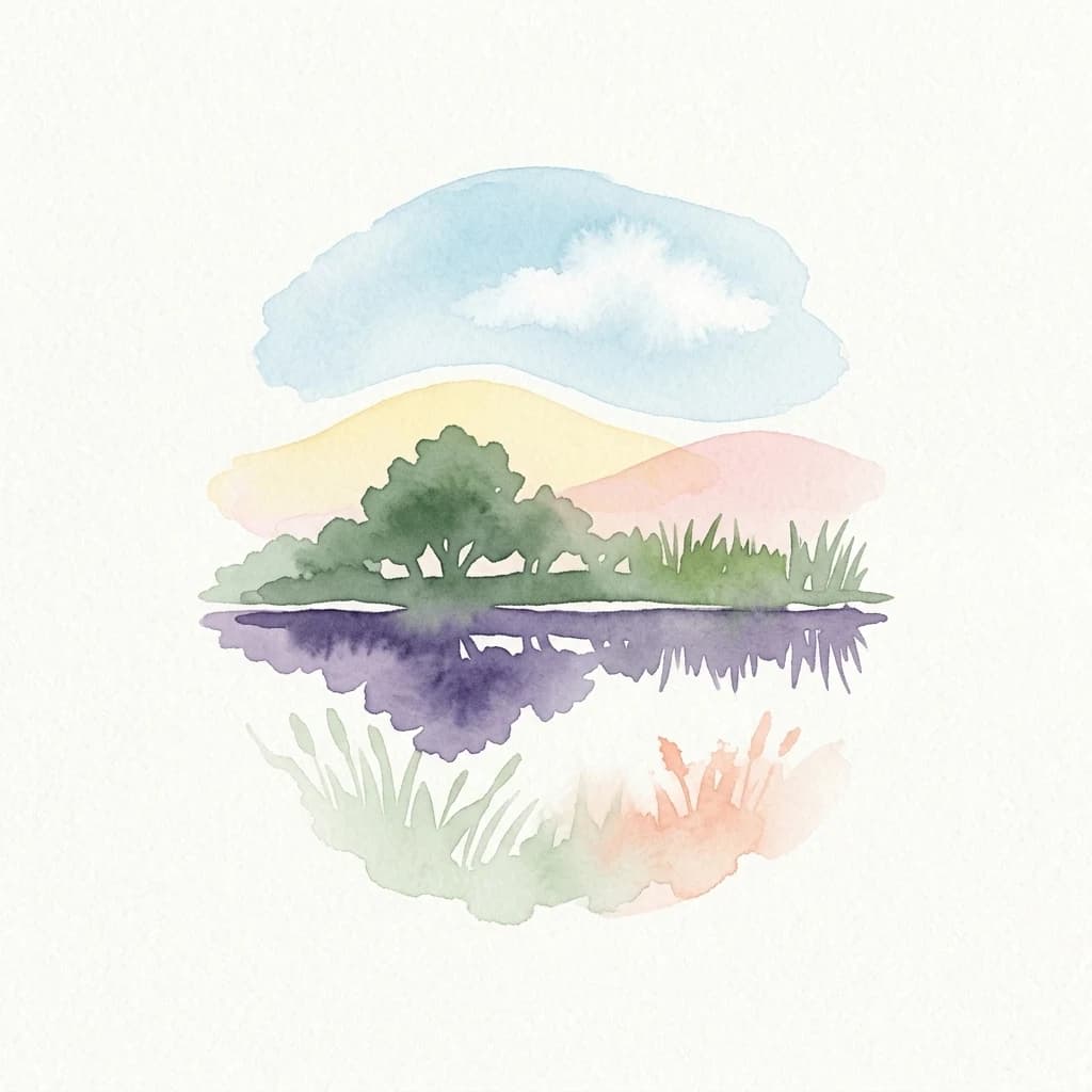 Watercolor illustration showing a lake reflecting a tree with hills and sky in pastel colors