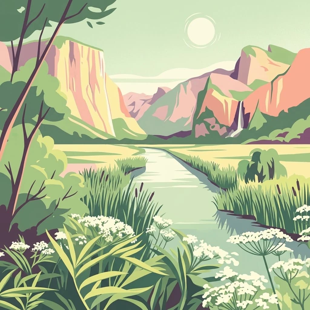 Stylized illustration of a river flowing through a valley with mountains, grasses, and white wildflowers