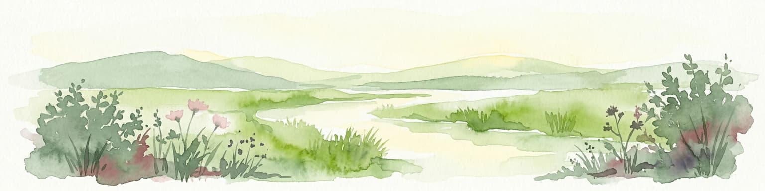Watercolor illustration of a landscape with mountains, a river, grassland, and vegetation