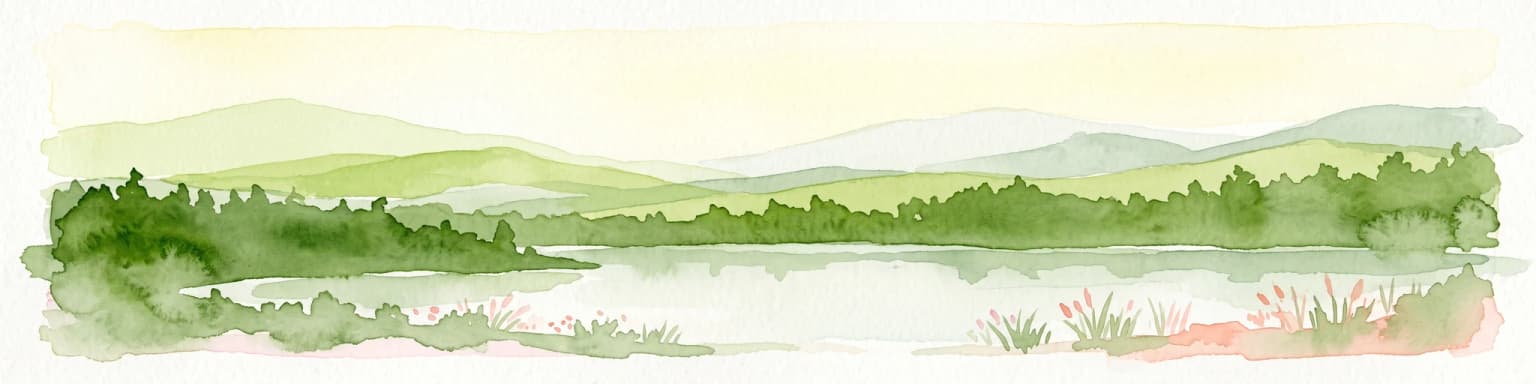 Watercolor painting of a calm lake surrounded by lush green forests and rolling hills in the background under a soft light.