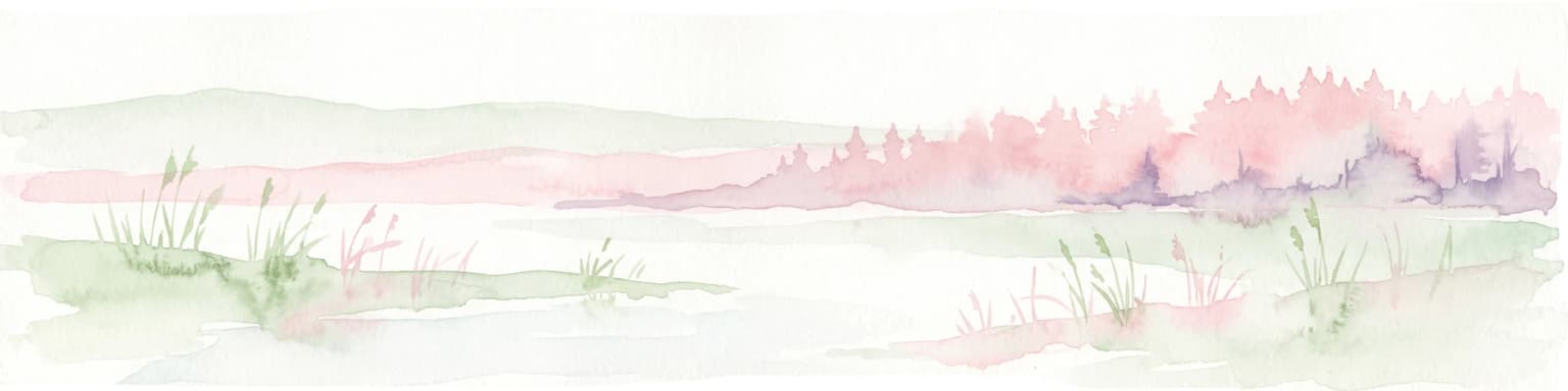 A pale, delicate watercolor painting showing a quiet lake scene with marsh grasses in the foreground and a line of soft-colored trees along the horizon.