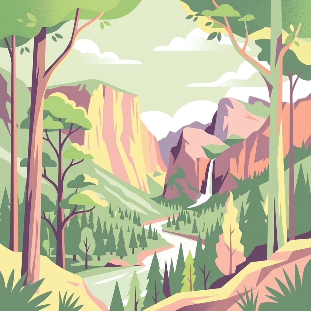 Ilustración estilizada de un paisaje montañoso con un río, una cascada y árboles frondosos