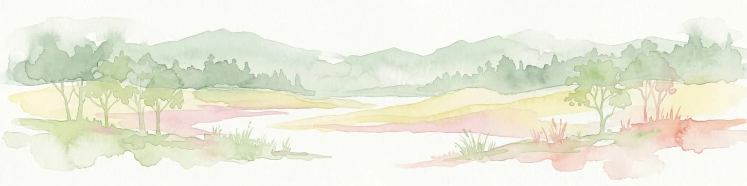 Representación en acuarela de un río, árboles y colinas onduladas en un paisaje