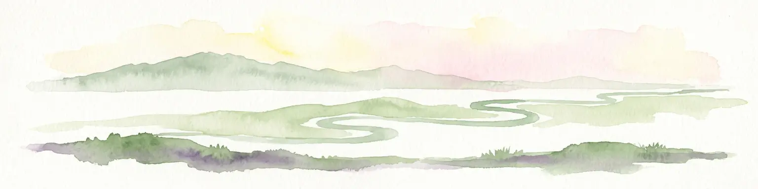 A minimalist watercolor illustration showing a winding river or estuary flowing through green coastal marshlands with soft hills in the background.