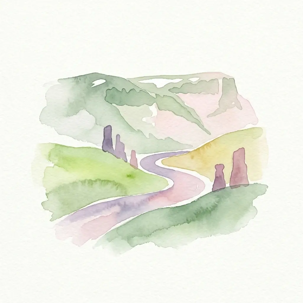 Watercolor illustration of a winding path through green hills with rock formations