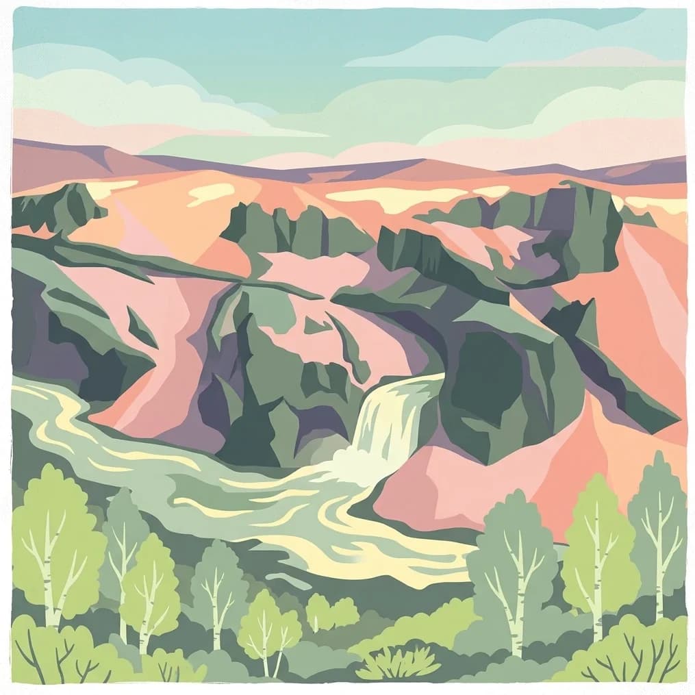 Stylized illustration showing a canyon with a waterfall, winding river, and surrounding trees and mountains
