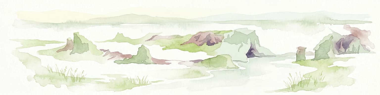 Watercolor illustration showing a river valley with hills and tents.
