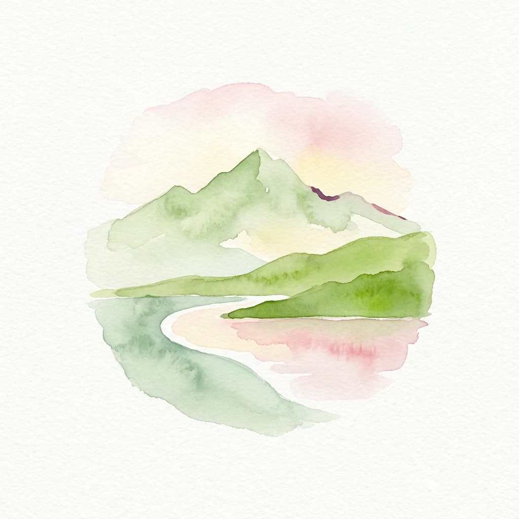 Pintura de acuarela de montañas verdes reflejándose en un lago tranquilo bajo un cielo suave de color rosa y amarillo