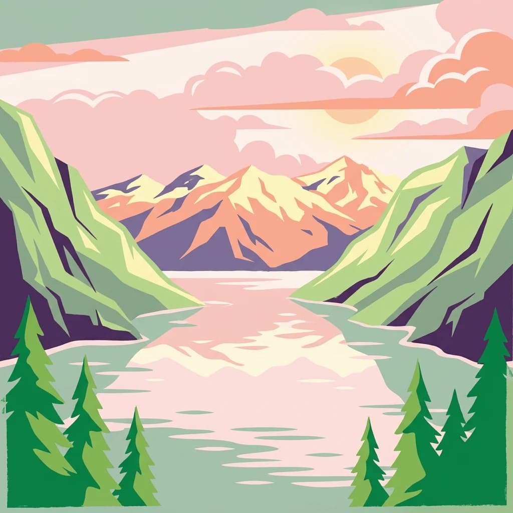 Illustration of mountain range with lake reflection, pine trees in foreground, and sunset sky
