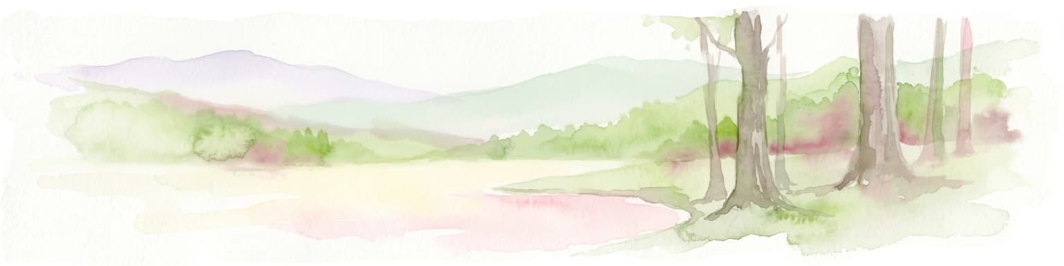 A horizontal watercolor painting showing a soft, impressionistic landscape with mature trees in the foreground, rolling green hills in the midground, and faded purple mountain silhouettes in the distance against a white background.