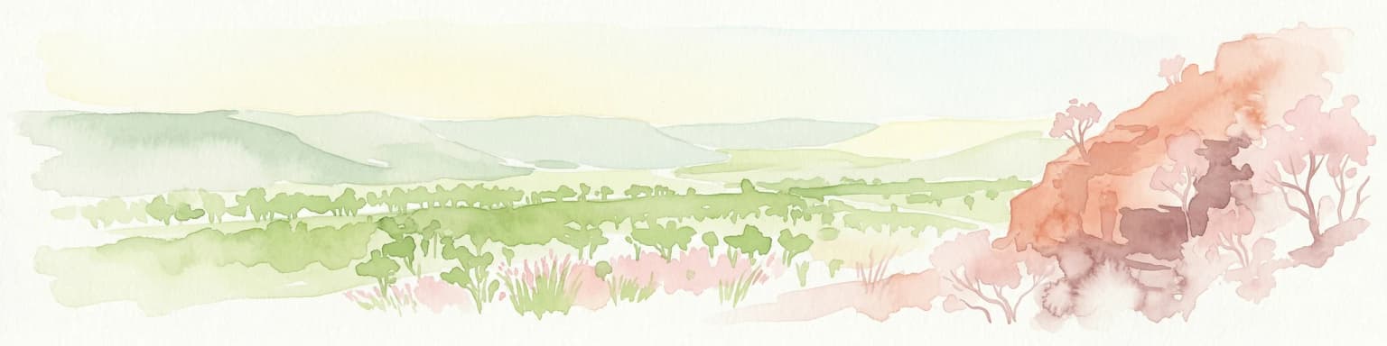 Watercolor illustration showing rolling green hills, a red rock formation, and scattered trees