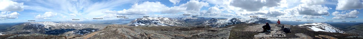 Panoramic view from Storfjelltoppen peak showing mountain ranges, valleys, and snow-capped peaks under a partly cloudy sky with two people in the foreground