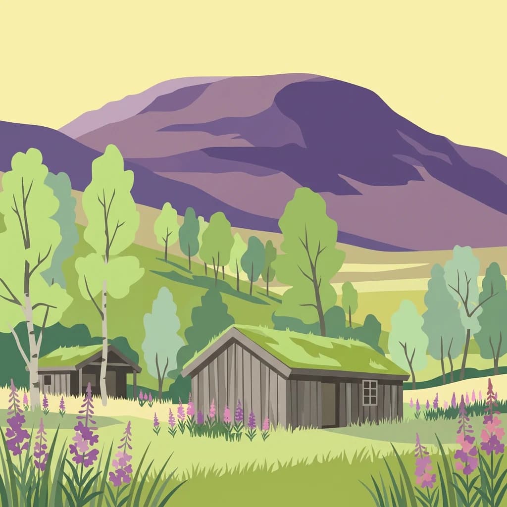 Illustration of a mountain landscape with two wooden cabins with green roofs, trees, and purple wildflowers